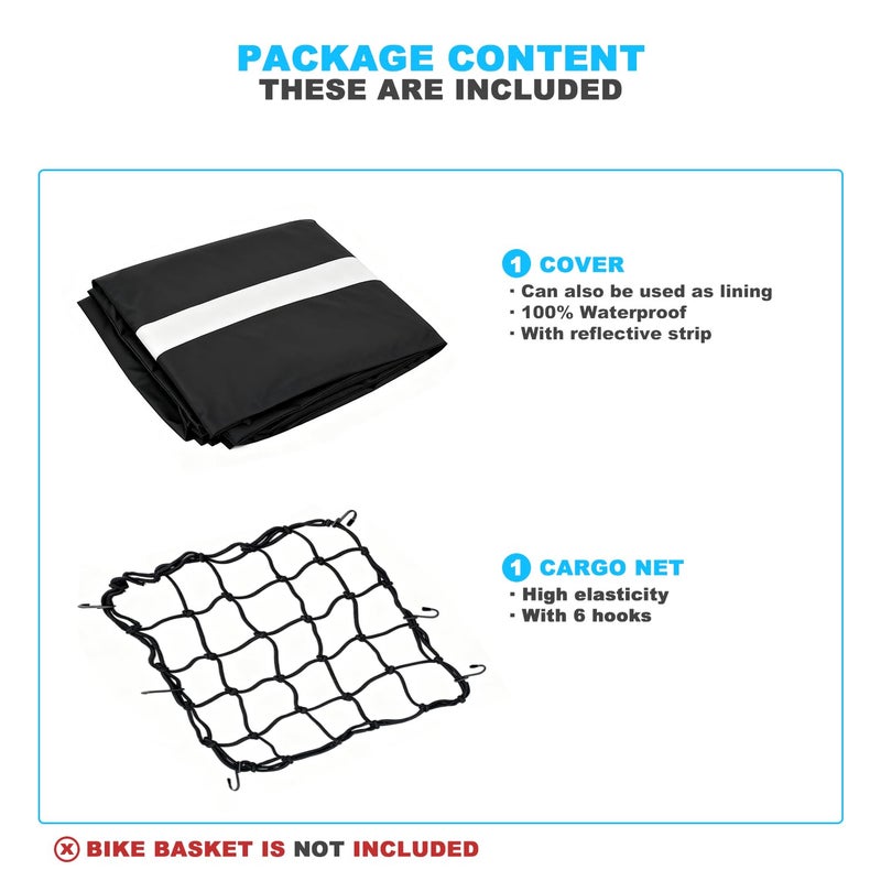 MATTISAM Waterproof Bike Basket Rain Cover and Bungee Cargo Net - Elastic Bicycle Basket Liner with Reflective Strip, Fits Most Bikes (Black, Large-80L) - Image 2